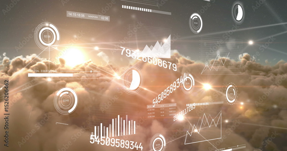 Poster image of charts and data processing over cloudy sky at sunset