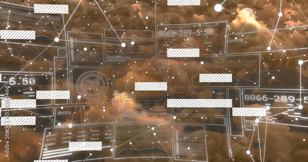 Poster image of interface and data processing over cloudy sky at sunset