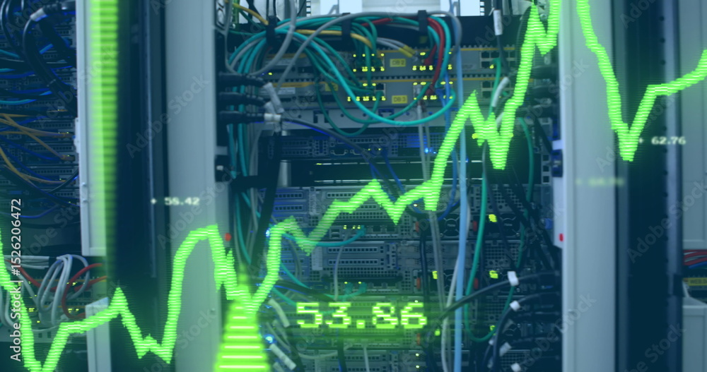 Poster image of financial data processing with graph and arrows over server room