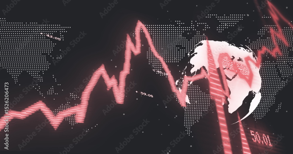 Poster image of globe and world map with graph and arrows on black background