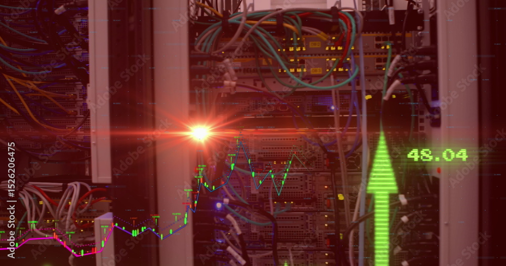 Poster displaying rack with blinking leds, ethernet cables in datacenter, overlay chart with upward arrow