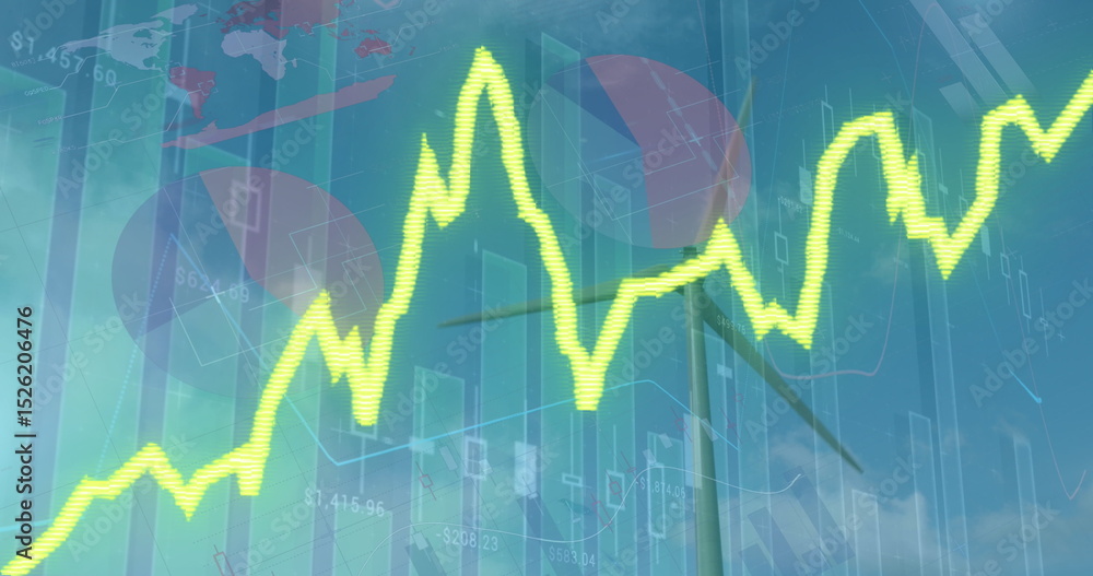 Poster image of financial data processing with graph over wind turbine