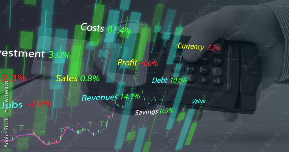 Poster image of financial data processing with graph over hand holding cashier terminal
