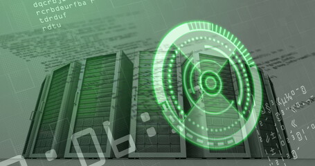 Showing four perforated server racks streaming code in data center, with green holographic overlay