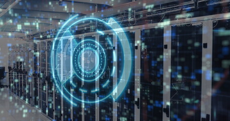 Floating glowing blue holographic display in data center, with server racks and LED indicators