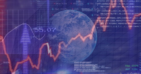 Image of financial data processing with graph and arrows over globe and modern building