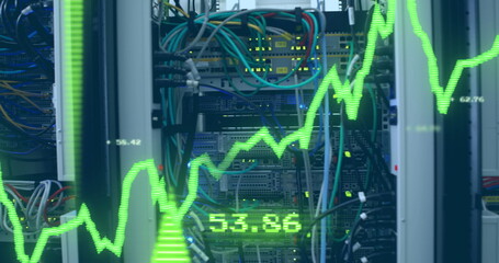 Image of financial data processing with graph and arrows over server room
