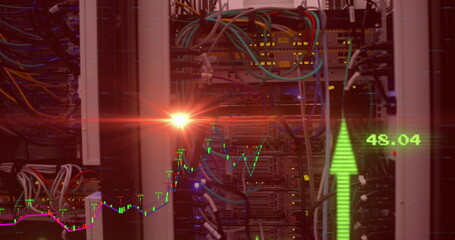 Displaying rack with blinking LEDs, Ethernet cables in datacenter, overlay chart with upward arrow