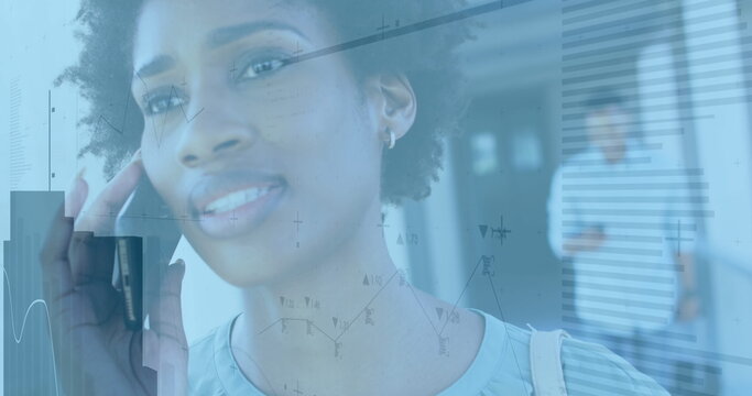 Image of financial data processing over african american woman using smartphone