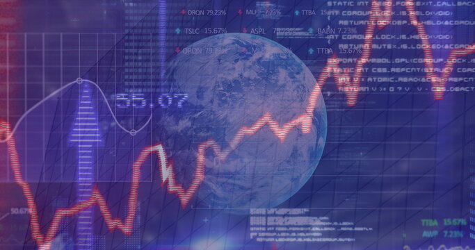 Image of financial data processing with graph and arrows over globe and modern building - Powered by Adobe