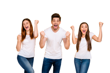Portrait of three nice attractive lovely cheerful cheery person celebrating victory triumph having fun isolated over bright vivid shine yellow background