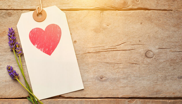 Blank gift tag with heart design and lavender on rustic wooden background  