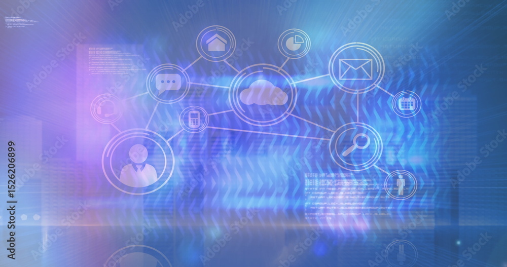 Poster image of network of connections and data processing on black background
