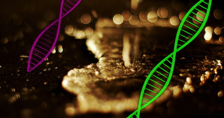 Floating green DNA helix drifting over digital art background, with two helix graphics, copy space