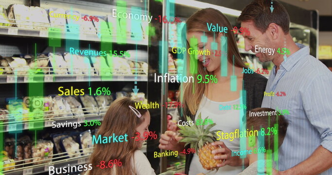 Image of financial data processing with graph over caucasian family at grocery