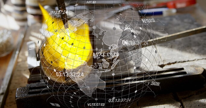 Image of data processing with globe over fire - Powered by Adobe