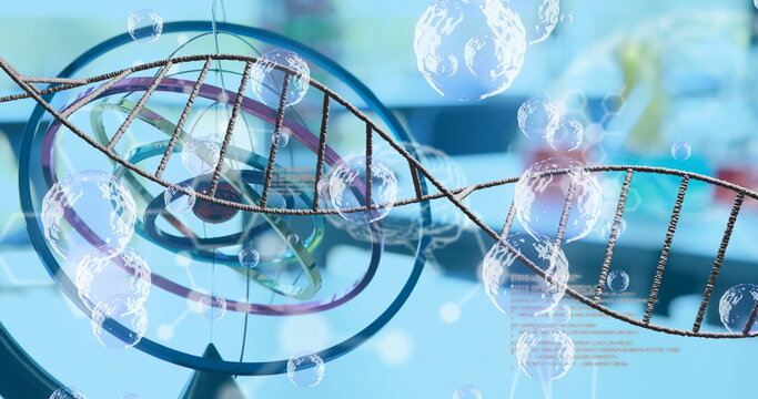 Image of dna strand and bubbles over lab - Powered by Adobe