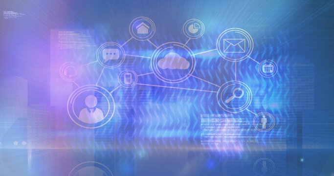 Image of network of connections and data processing on black background