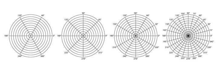 Polar coordinate grids divided into 6, 8, 12 and 24 sectors of 15, 30, 45 and 60 degrees and several circles. A set of concentric meshes with different angles. Radar scheme. Vector illustration.
