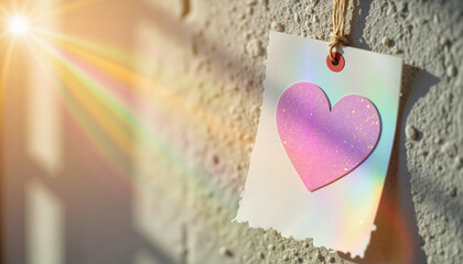 Colorful heart decoration hanging on wall with sunlight shining  