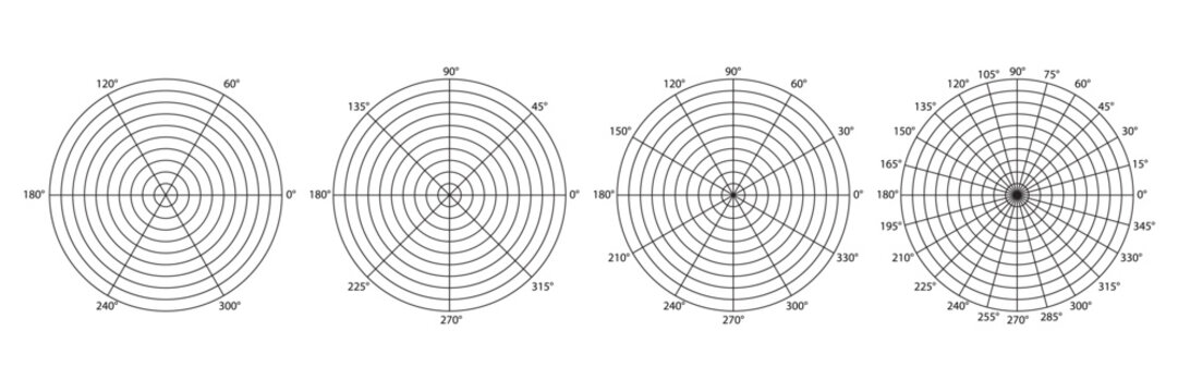 Polar coordinate grids divided into 6, 8, 12 and 24 sectors of 15, 30, 45 and 60 degrees and several circles. A set of concentric meshes with different angles. Radar scheme. Vector illustration.