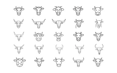 A set of minimalistic outline drawings depicting various styles of cow and bull head illustrations. These designs are ideal for use in logos, prints, or creative graphics.

