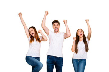 Portrait of three nice attractive lovely cheerful cheery person celebrating cool attainment having...