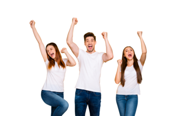 Portrait of three nice attractive lovely cheerful cheery person celebrating cool attainment having fun rising hands up isolated over bright vivid shine yellow background