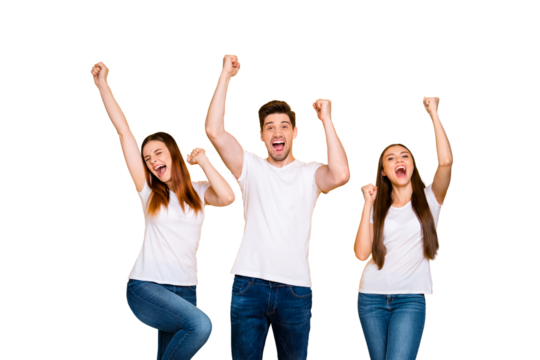Portrait of three nice attractive lovely cheerful cheery person celebrating cool attainment having fun rising hands up isolated over bright vivid shine yellow background