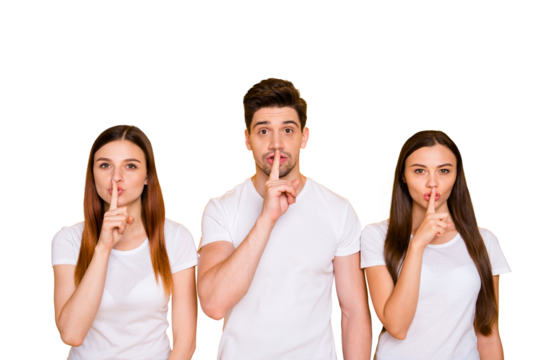 Portrait of three nice attractive lovely winsome person showing shh sign secrecy privacy isolated over bright vivid shine yellow background
