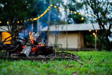 Cozy Night Campfire by Vintage Trailer with String Lights in Garden