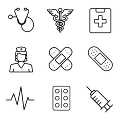 Set of 9 black and white icons on the topic of medicine. Symbol of a cadaver, syringe, nurse, plaster, tablets. Simple design for scientific articles, about health