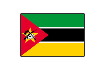 The flag of Mozambique features a unique design with horizontal stripes of green, black, and yellow, complemented by a red triangle displaying a rifle, book, and hoe.