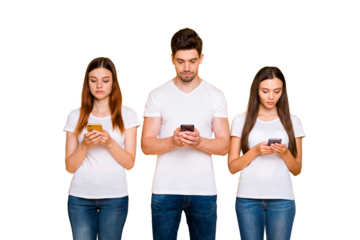 Portrait of three nice-looking attractive lovely focused concentrated person using device browsing wi-fi blog connection isolated over bright vivid shine yellow background