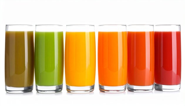 Glasses of cold-pressed juices in bright colors, arranged in a row on white background, fresh and healthy beverage display