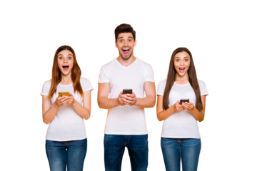 Portrait of three nice-looking attractive lovely winsome cheerful cheery glad person using wi-fi connection speed 5g app free time isolated over bright vivid shine yellow background