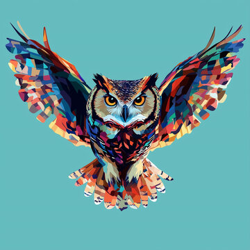 Colorful geometric owl with spread wings in WPAP style