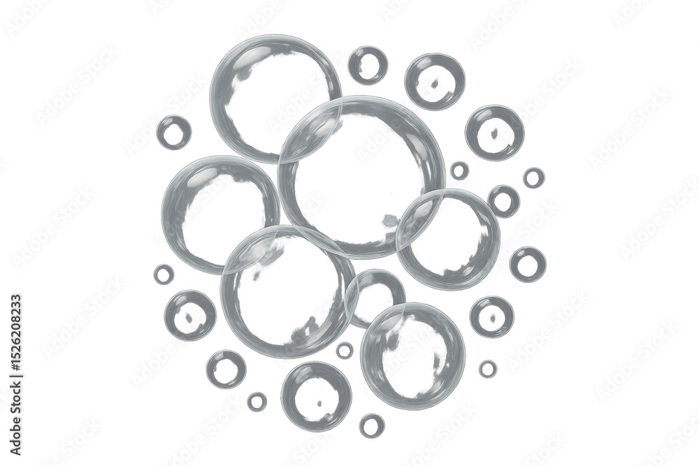 Poster group of transparent soap bubbles of different sizes floating on a transparent background, creating 