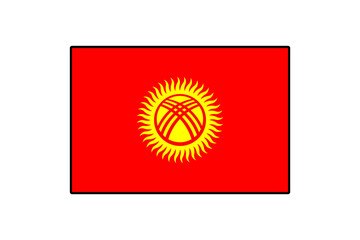 The design features the flag of Kyrgyzstan, showcasing a vibrant red background with a central yellow sun surrounded by a series of twelve rays and a distinctive traditional yurt motif.