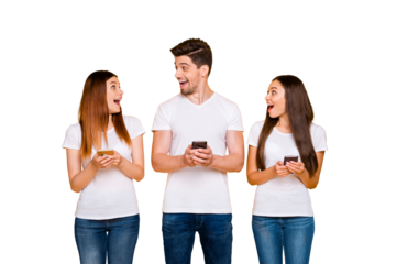 Portrait of three nice-looking attractive lovely pretty charming cute cheerful cheery person using wi-fi connection speed 5g app free time isolated over bright vivid shine yellow background
