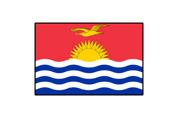 The flag features a red background, a golden sun rising above waves. Below the sun is a yellow frigatebird soaring above blue and white stripes, symbolizing Kiribati's culture and geography.