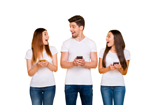 Portrait of three nice-looking attractive lovely pretty charming cute cheerful cheery person using wi-fi connection speed 5g app free time isolated over bright vivid shine yellow background