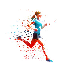 Run, marathon running woman. Isolated low poly vector illustration of female runner with dispersion effect