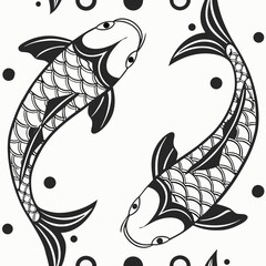 Seamless black and white illustration of two koi fish in circular motion with decorative scales and dotted accents
