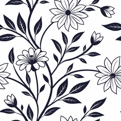 Seamless black and white floral pattern with blooming flowers and leaves, elegant botanical vector illustration
