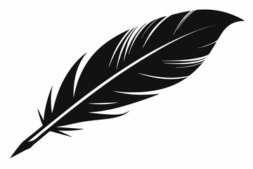Stylized black feather with detailed vane structure, minimalist vector ink drawing aesthetic, high contrast on white background
