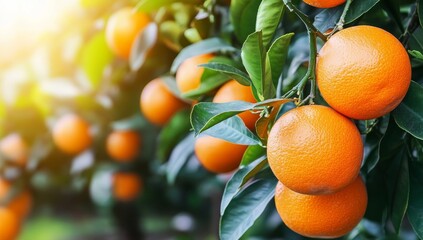 In a lush citrus orchard, vibrant orange trees with laden branches flourish, bearing organic fruit amidst a thriving green garden of crop
