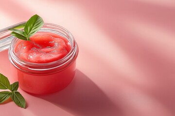 Minimalist display of a filled jar with vibrant red substance and fresh green leaf on pale pink surface for a clean aesthetic