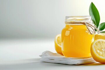 Minimalist display of lemon jam jar alongside fresh lemon slices with green leaves promoting natural flavors