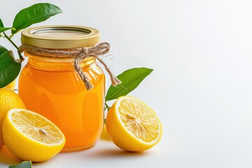 Lemon jam jar with fresh lemons and green leaves on a clean white background showcasing minimalist artistry